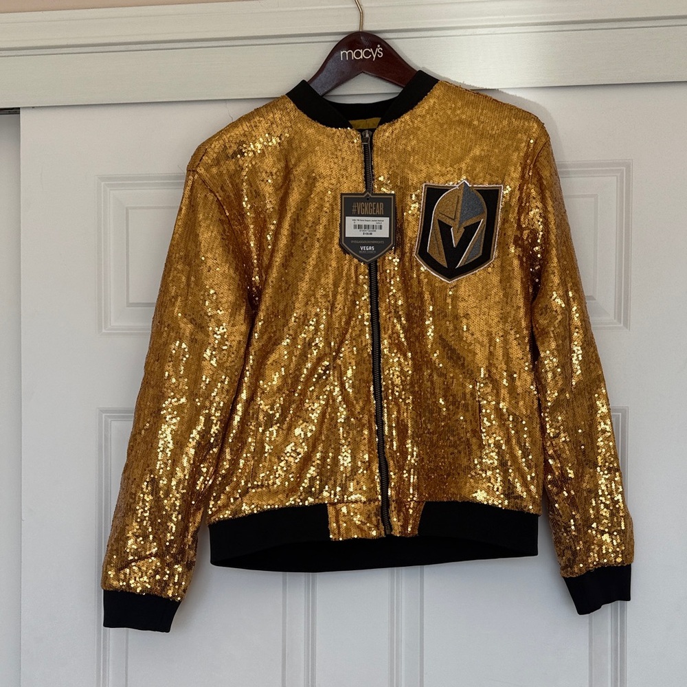 GK Gold Sequin Bomber Jacket with Black Trim